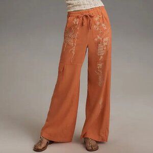 NWT Pilcro Embroidered Beach Linen Cargo Orange Pants XS